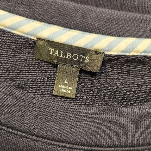 Talbots Top Woven Sleeve Crew Neck Navy Blue Striped Long Sleeve Preppy Twee L - Picture 11 of 14